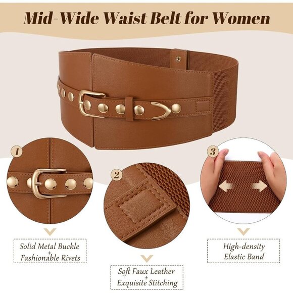 Women Elastic Chunky Stretchy Elegance Belt with Gold Rivets Buckle Daily Brown main image 6